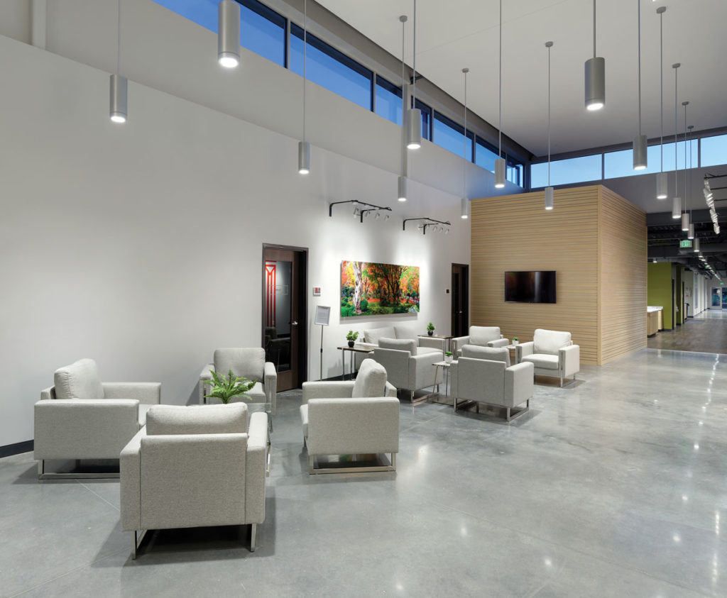 Architectural Cylinders light several lights in office lobby