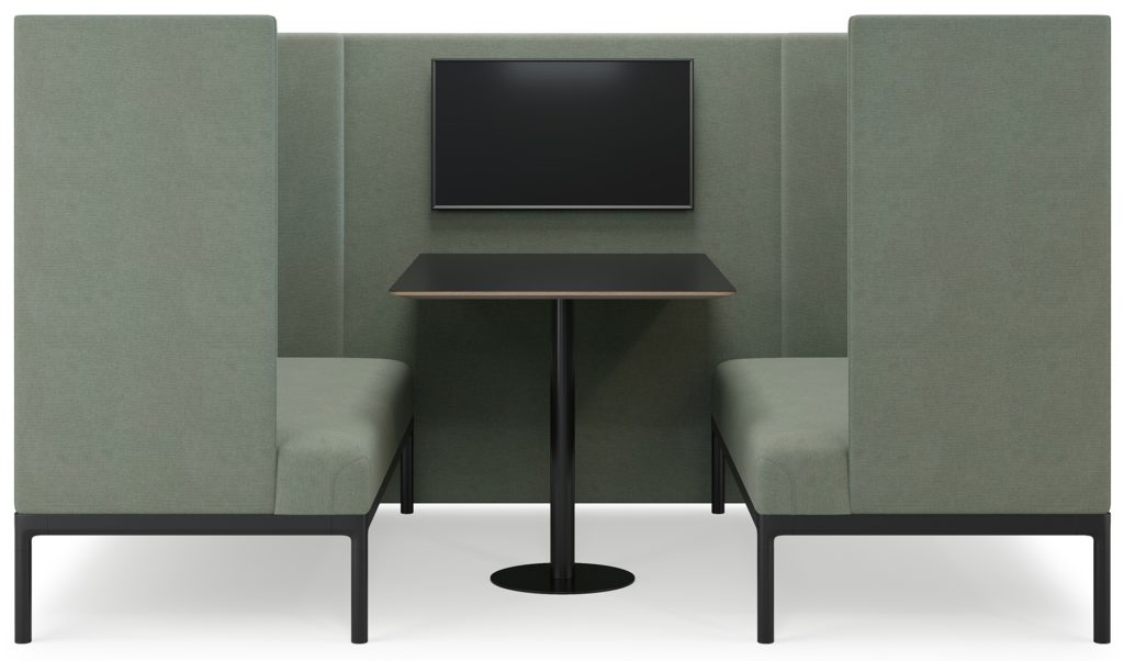 Pearson Lloyd Edge collection high-back booth in mint green with media