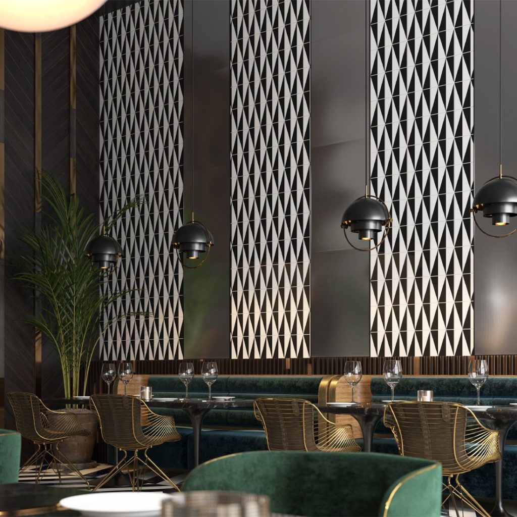 Walker Zanger Pop Culture porcelain tiles Chess Queen in restaurant