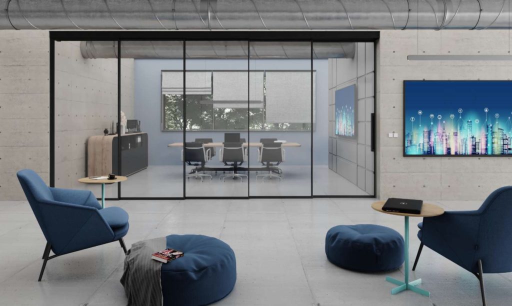 Muraflex Expo telescoping door system closed black in open office