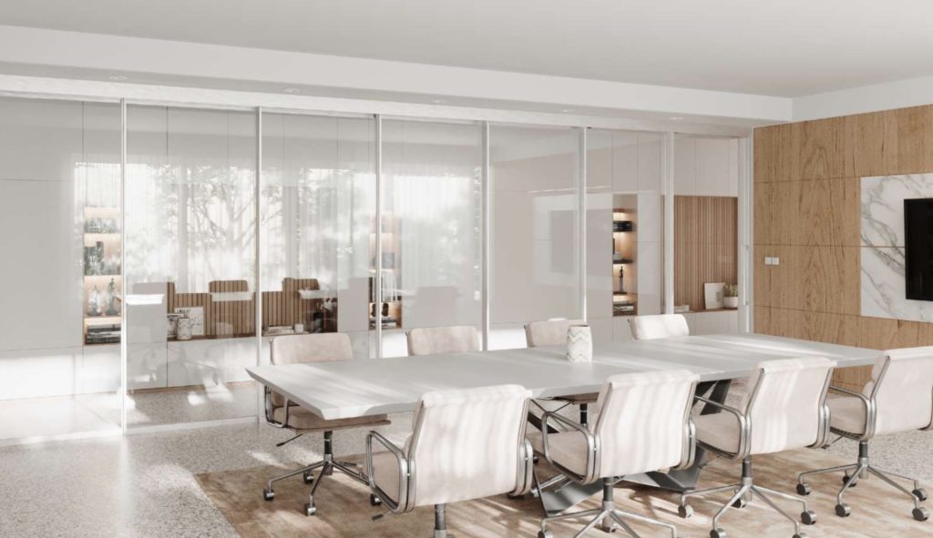 Muraflex Expo telescoping door system closed white in conference room