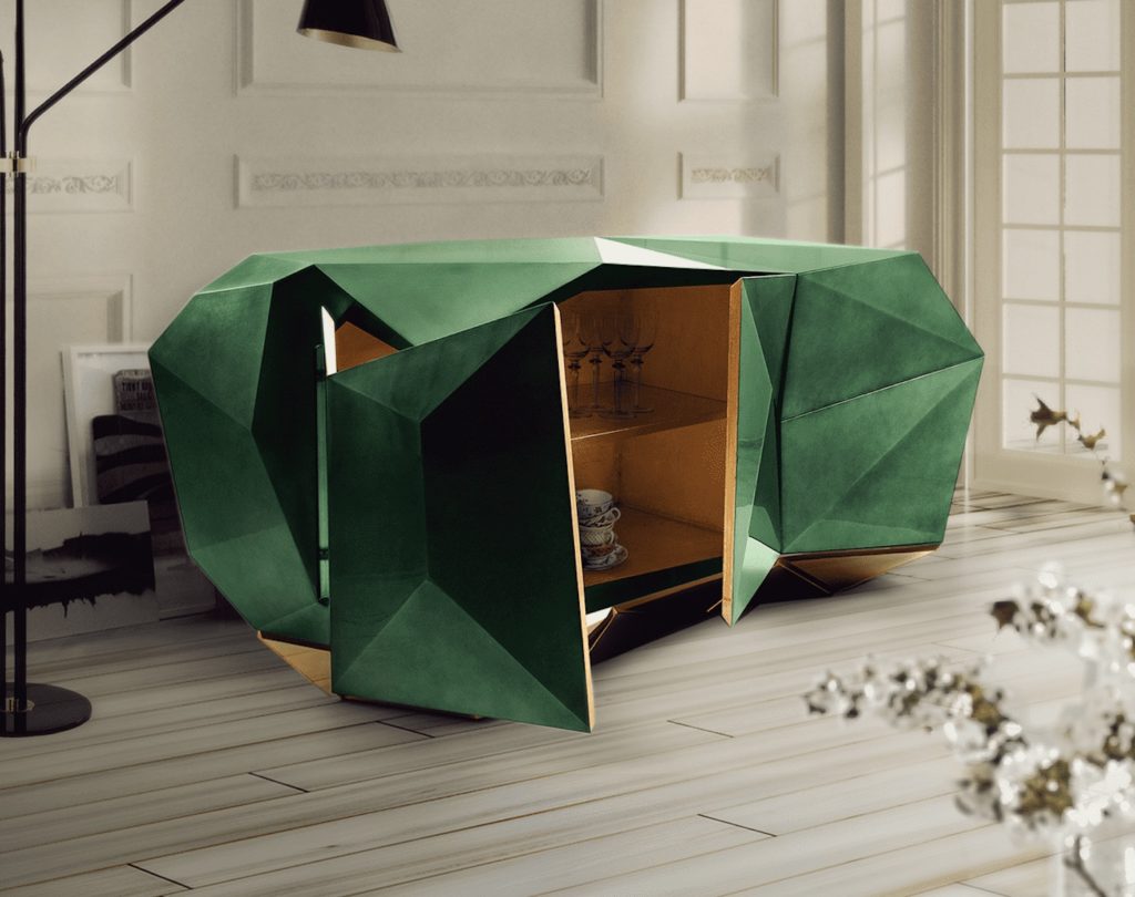 Boca Do Lobo Diamond Emerald Sideboard two open doors with interior view of glasses and teacups in living room