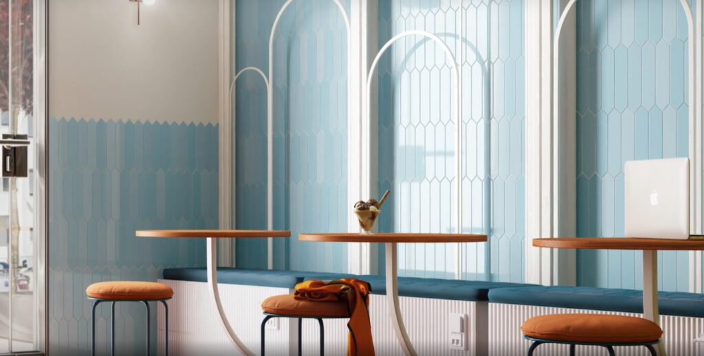 Arrow tile Caribbean Blue in dining area vertical