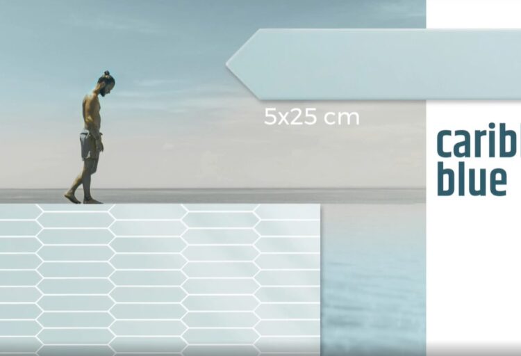 Arrow Tile Caribbean Blue promo with demonstration of size and man near ocean