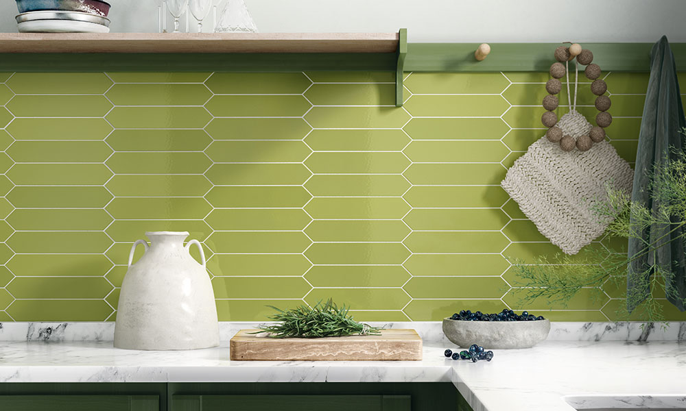 Arrow tile Apple horizontal on backsplash with white marble countertop