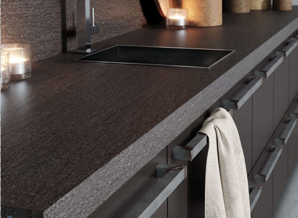 Ceramics of Italy Cantera Grey detail kitchen countertop slate gray with white and black flecks