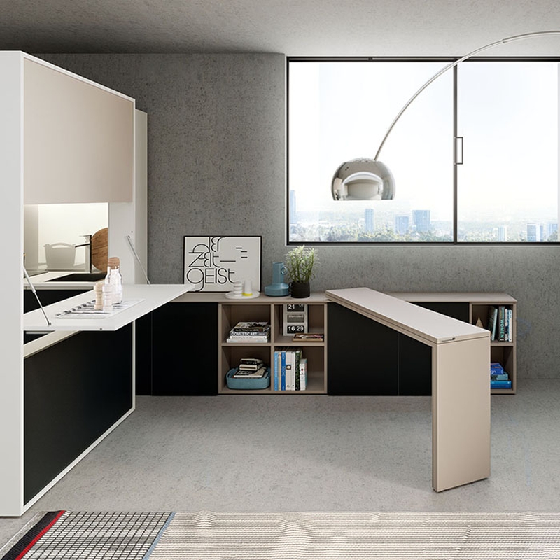 Giro transforming console/desk in process of opening gray with black in room with city view