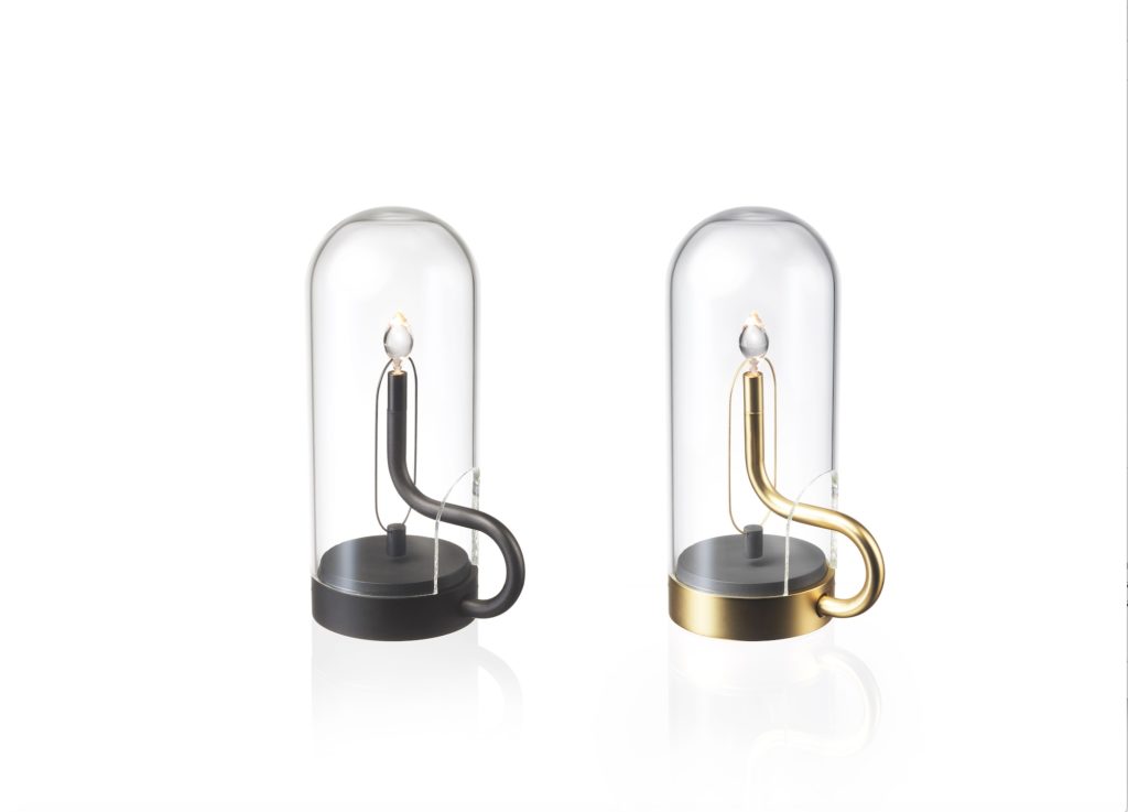 Ambientec Hymn lamp two lamps side by side in black and gold finish with white background