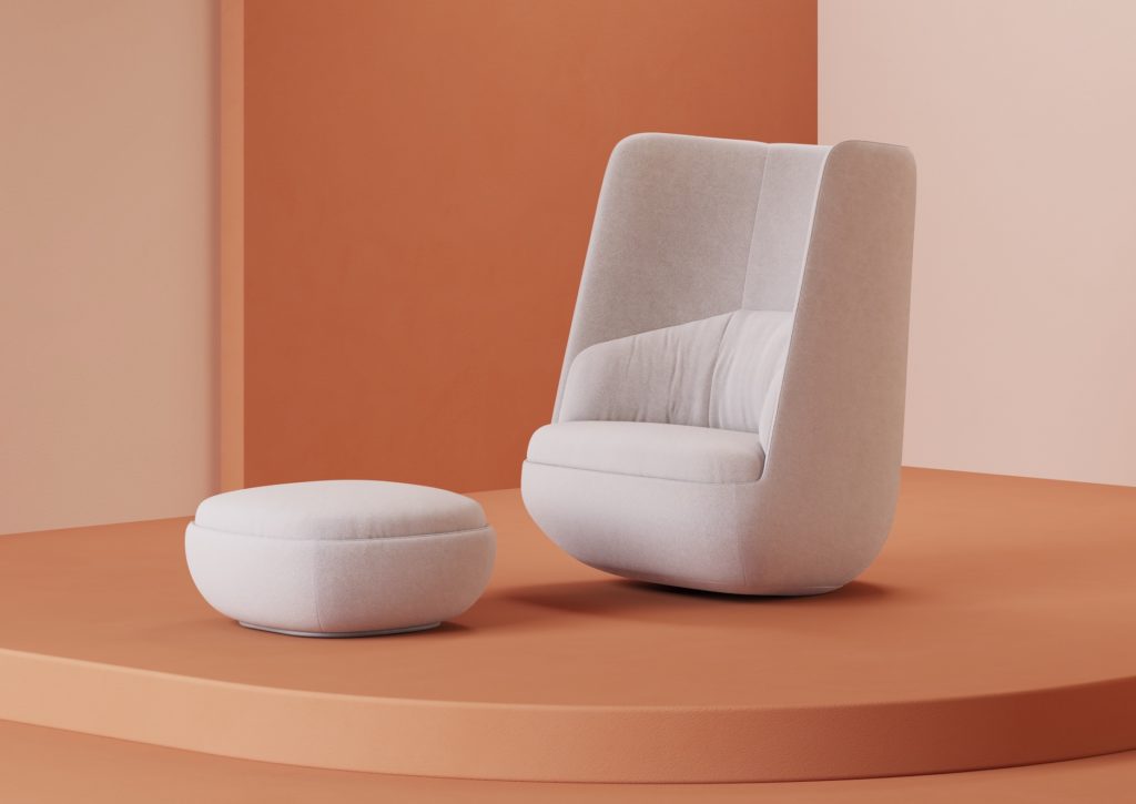 Hightower Gimbal Highback Rocker gray with ottoman peach background