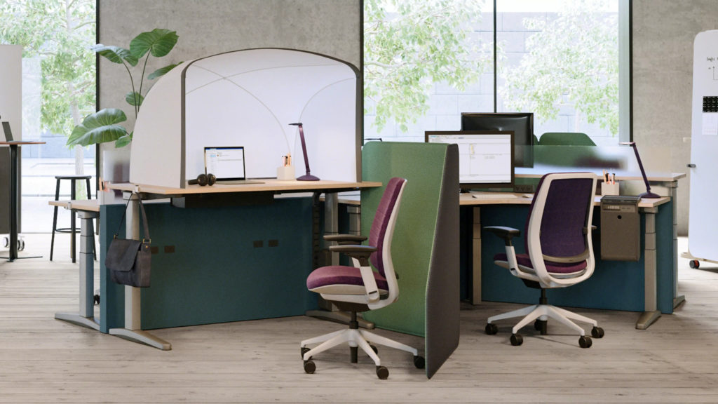 Steelcase Work Tent Table Tent in white with brown piping on desk in office 