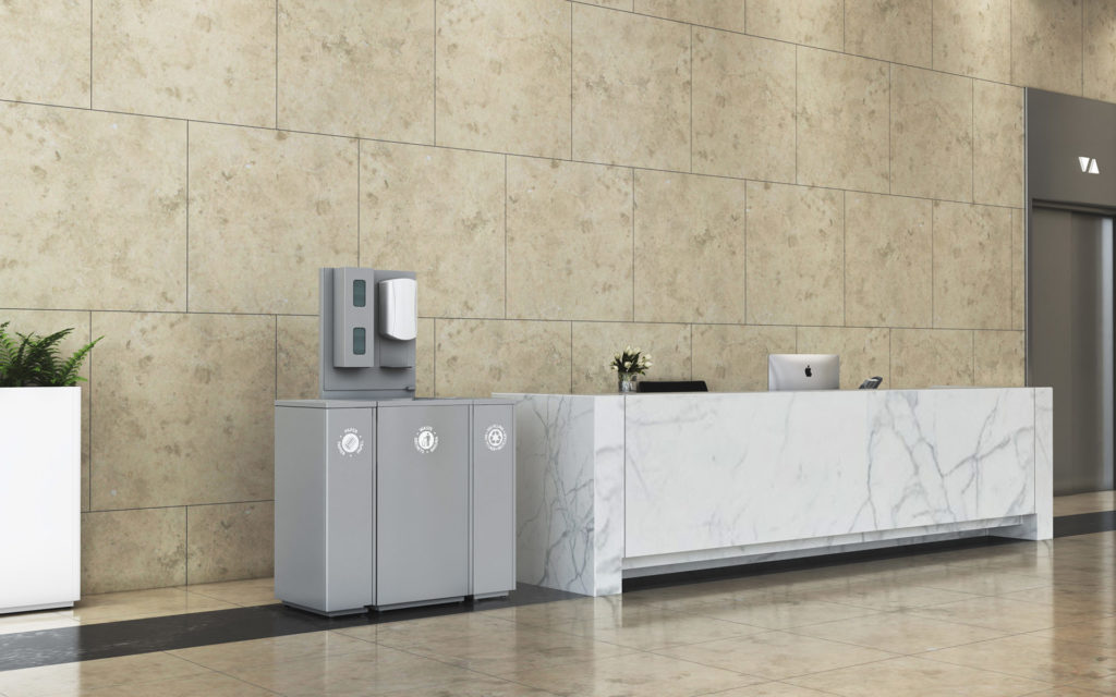 Solna Sanitization Station deluze model in gray near reception desk