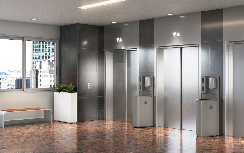 Solna Sanitization Station gray two outside elevator