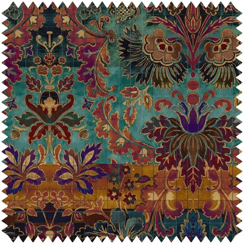 Andastra textile detail pattern with different floral forms on a grid background in bright colors like purple, teal, orange, and red