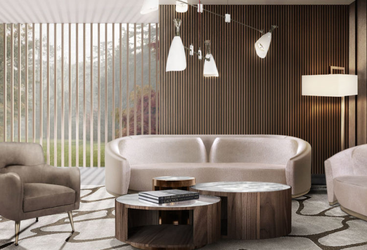 Antigua table in office with sofa and unusual rug with large white pebble like shapes on brown background