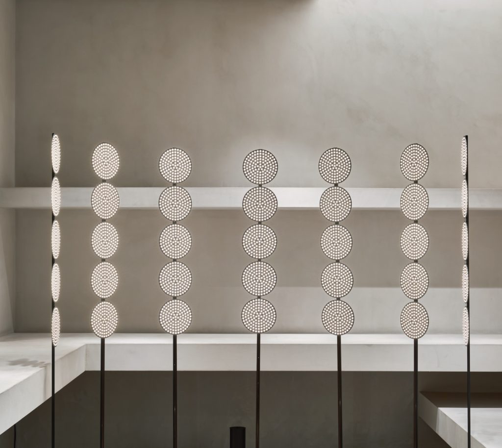 Tom Dixon black light LED sculpture circular circuit boards mounted on upright black rod seven sculptures in total 