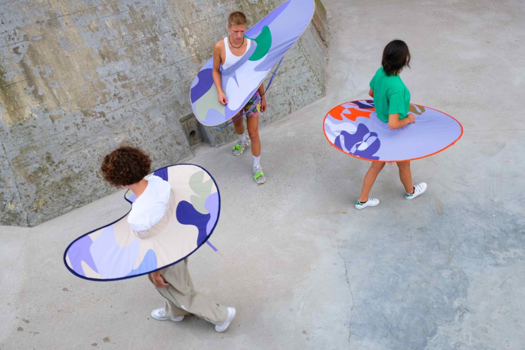 Bounding Spaces exhibit models wearing expandable clothes that maintain social distance