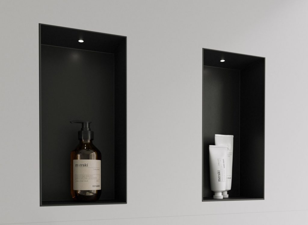 C-BOX in shower 2 black units in recessed installation on white shower wall