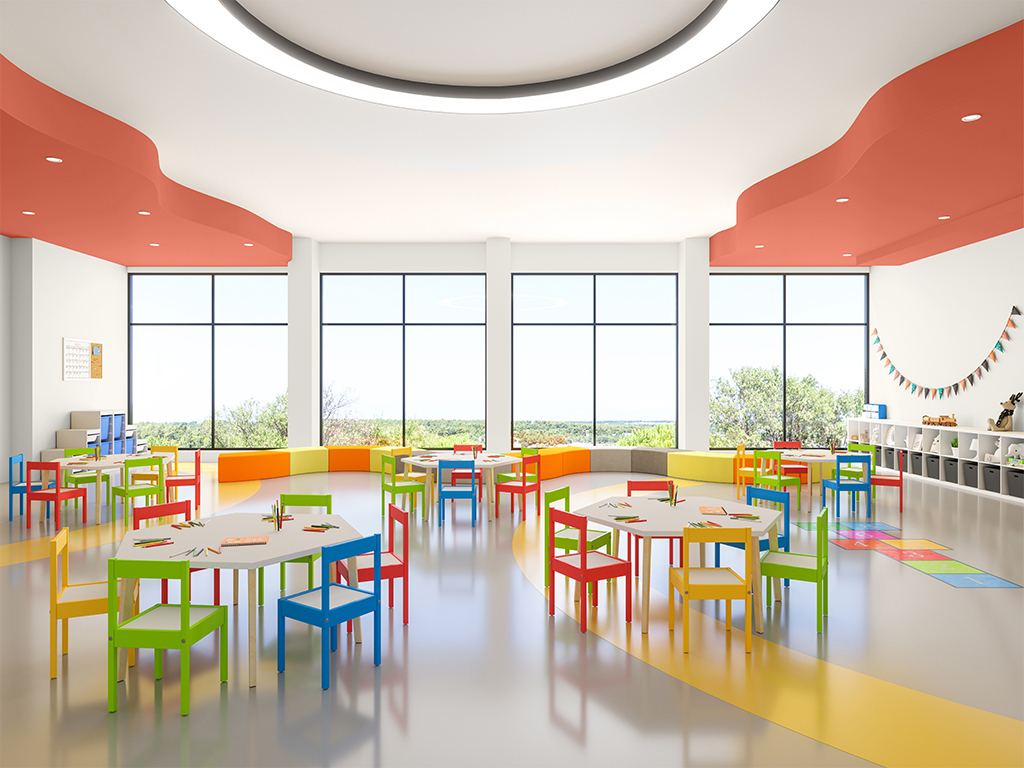 MODE Ephemera various primary colors in open room with many windows in educational setting