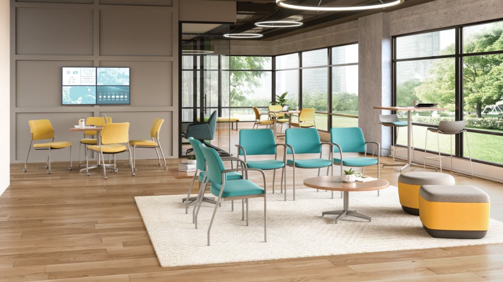 Cora side chair several chairs in yellow and aqua in waiting area/café