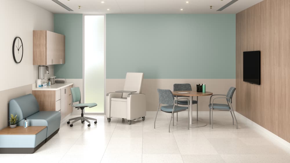 Cora side chair three chairs around table in patient room with loveseat, dr.'s stool, and patient chair