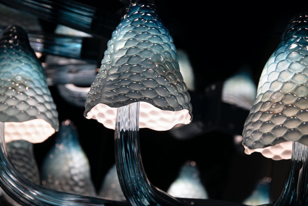 Lumina Naturae Grus Grus shell-like shades in blue/gray with tentacle like form projecting and curving downward
