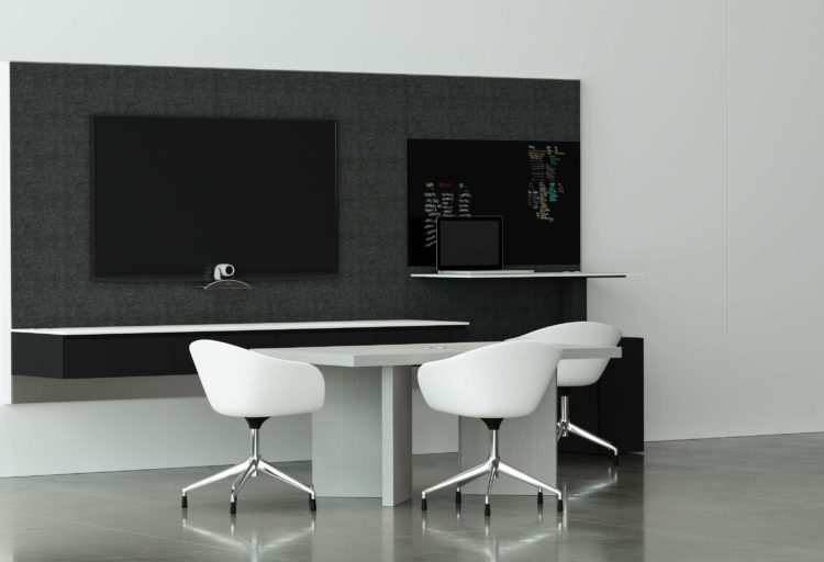 Innovant Palette black with open worktops and white chairs around nearby table