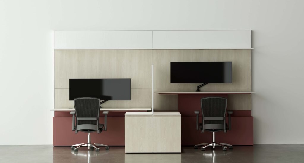 Innovant Palette in white and cream with different height tables and privacy screen with two black chairs