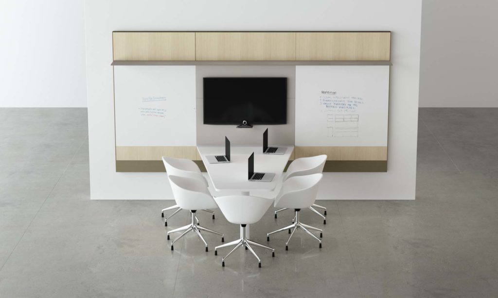 Innovant Palette light wood with dry erase boards and tv monitor and attached table with white chairs
