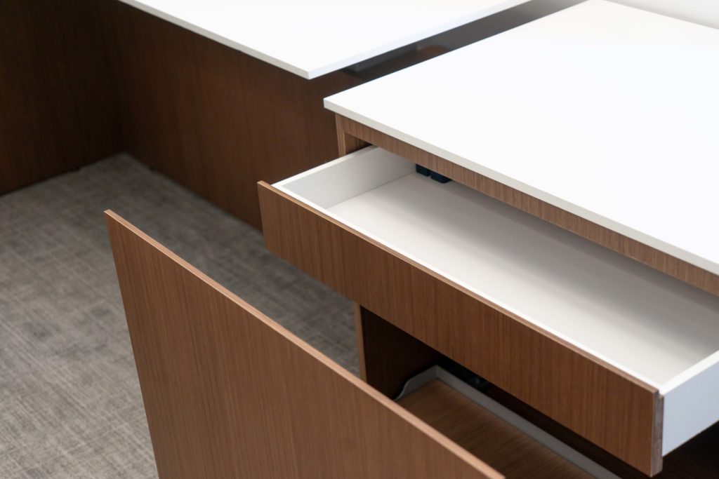 Innovant Palette drawer detail white top with medium-toned wood front