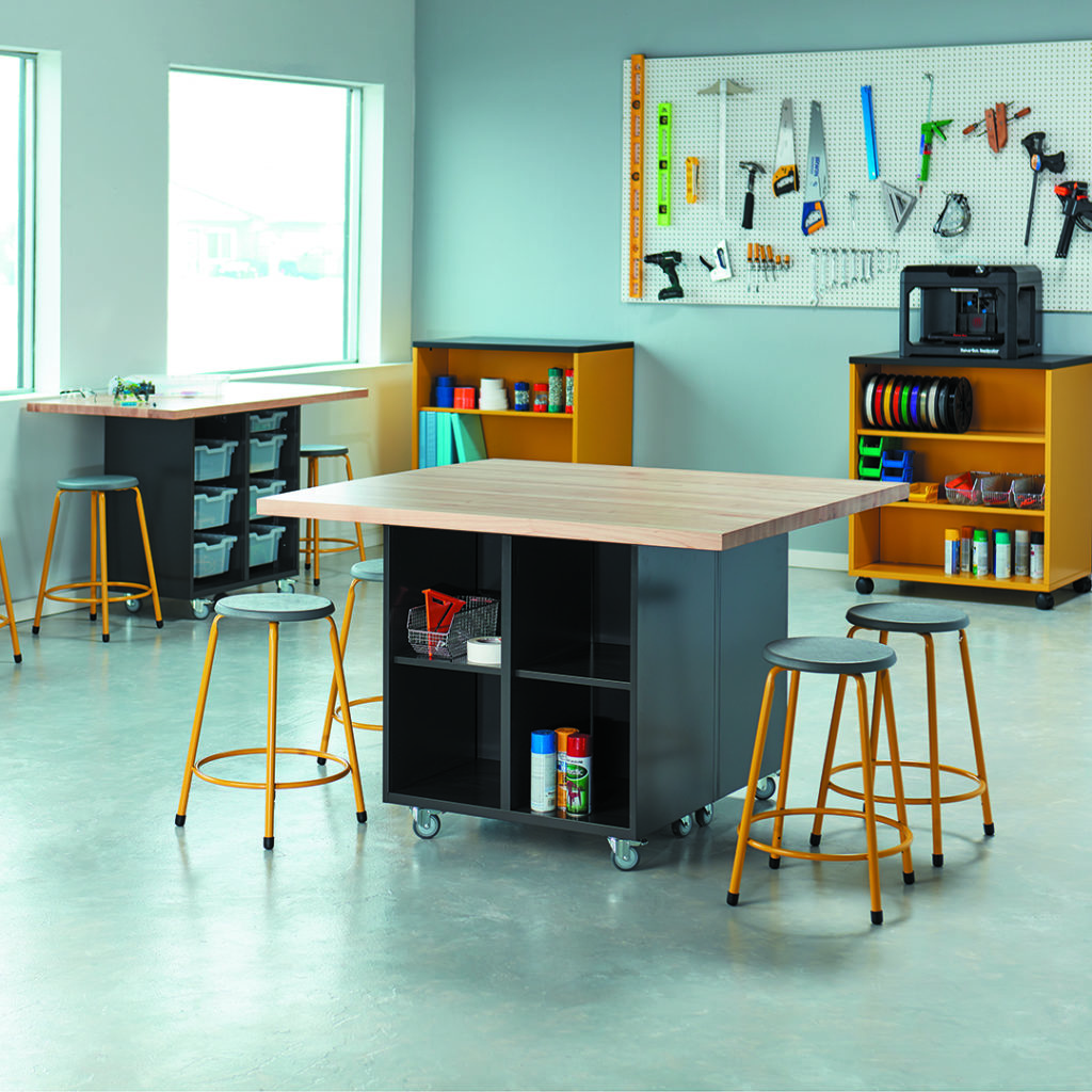 KI Ruckus Worktable black with wood top in classroom