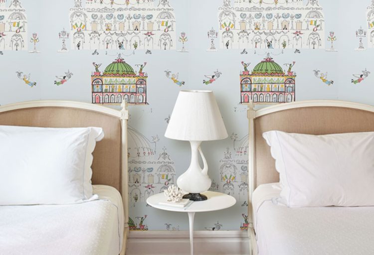 Flights of Fancy Opera wallpaper cartoonish view of an opera house in a child's bedroom with double beds