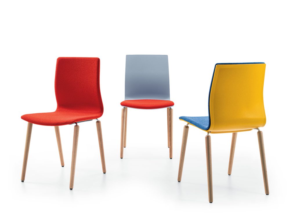 Falcon Sedera wood leg chair three chairs red, gray/red, and blue/yellow