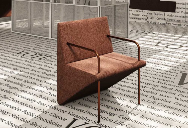 Vote chiar in brown looks like an upside down triangle on floor with a newsprint motif