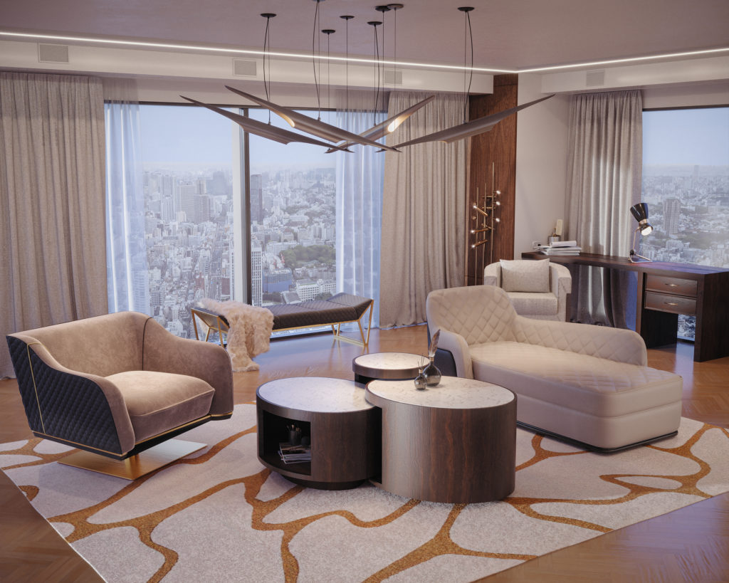 Antigua table in Sergio Caparelli designed office with view of city beyond