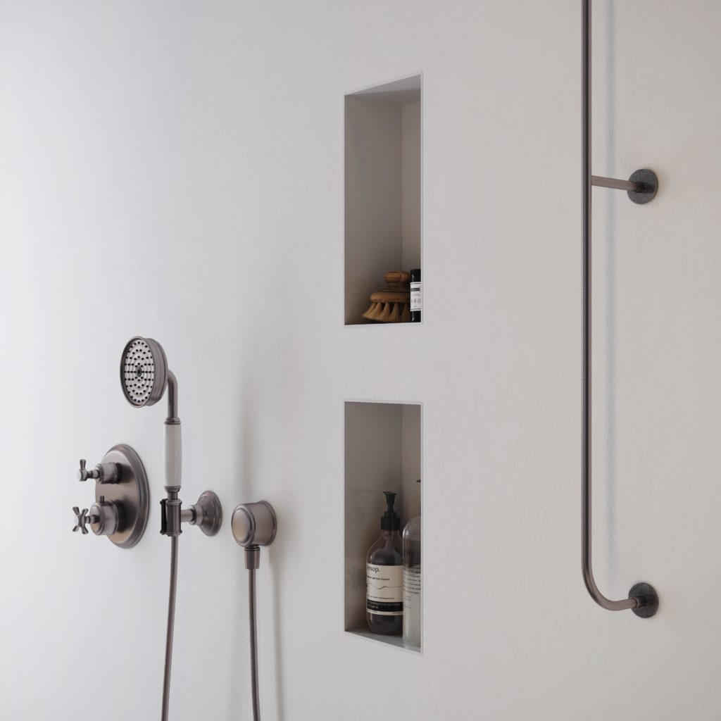 C-BOX two recessed niches on white shower wall