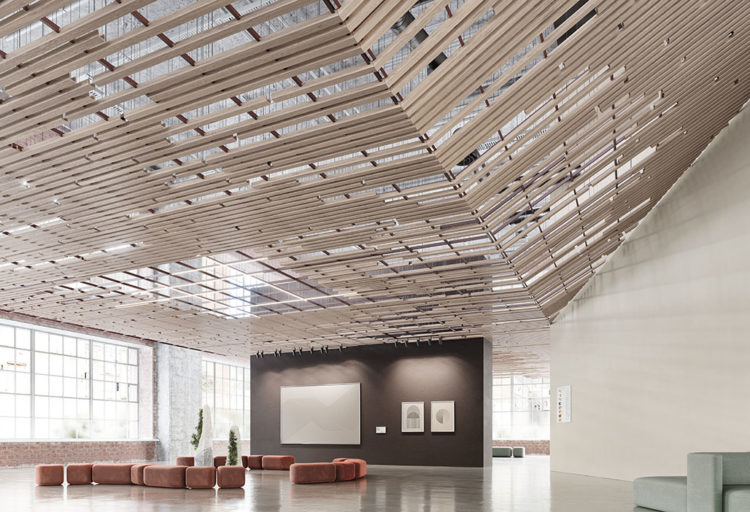 TURF Arbor Canopy Baffle on ceiling with different heights and vertical slope