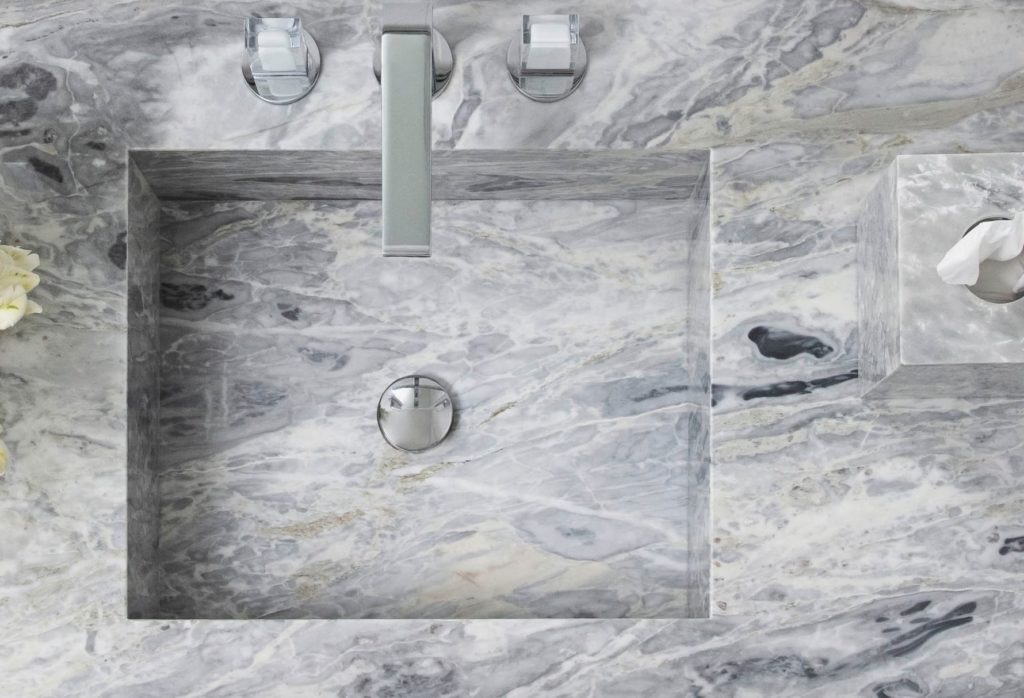 Artistic Tile Blue tile Calacatta marble in sink