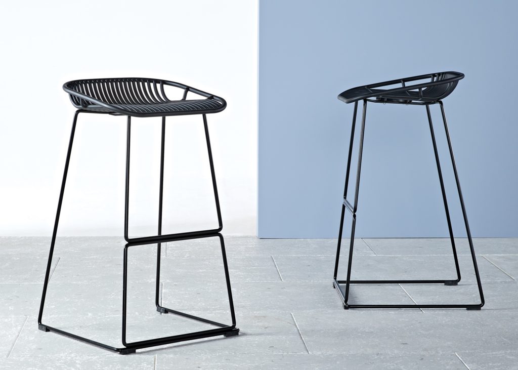 Etc. Avey barstool two stools one in profile one angled front view with white and blue split background