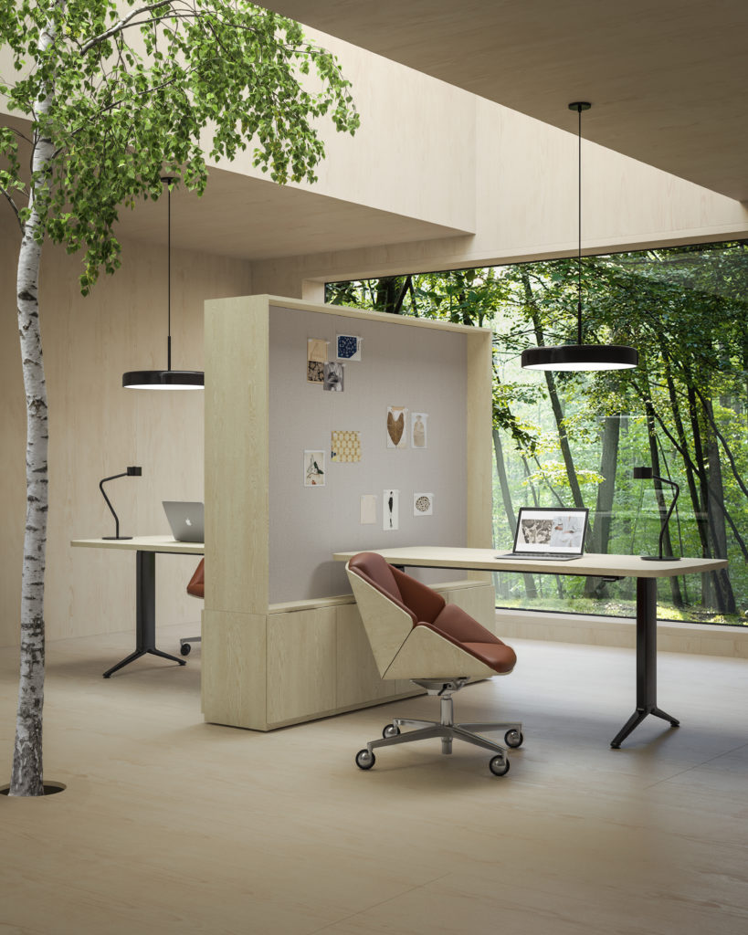 EverySpace cozy office space with matching workstations separated by rolling bookcase and view of a forest through large window