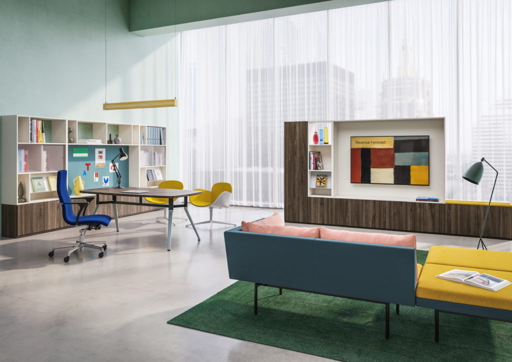 EverySpace bright open office wiht bookcase, table with several chairs, lounge and media wall