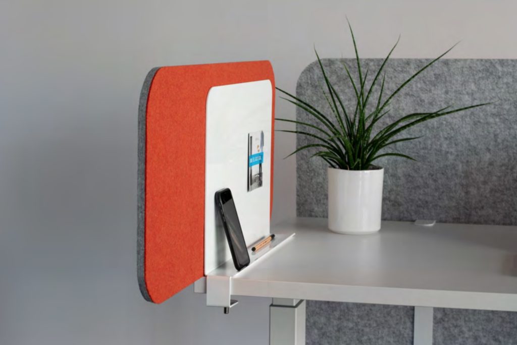 Loftwall with orange and gray panels and white dry erase bracket with plant on work surface