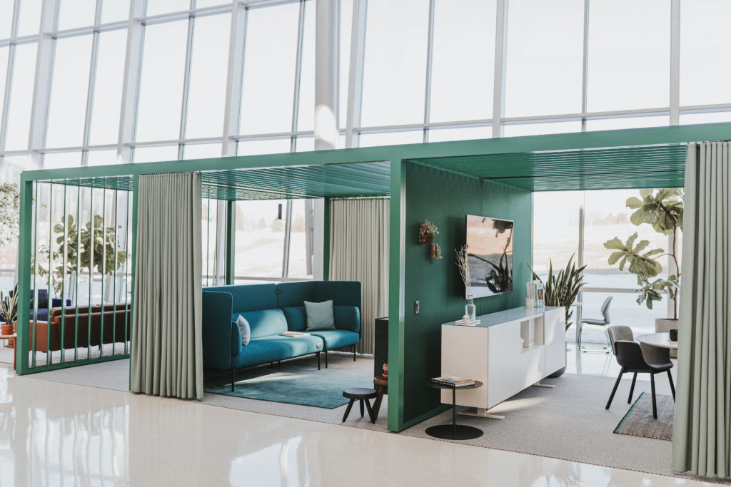 Haworth Pergola indoor enclosure with seating, credenza, and work table