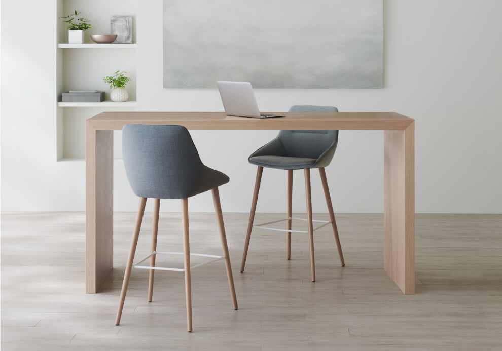 DAvis Sachet barstool two with light blue upholstery in kitchen