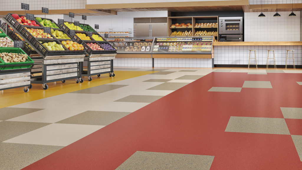 Tarkett Splash Speckled Rubber Tile in grocery store