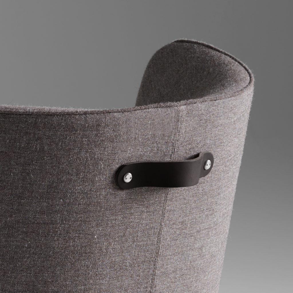 Davis Furniture's Tote in gray detail of leather strap on back