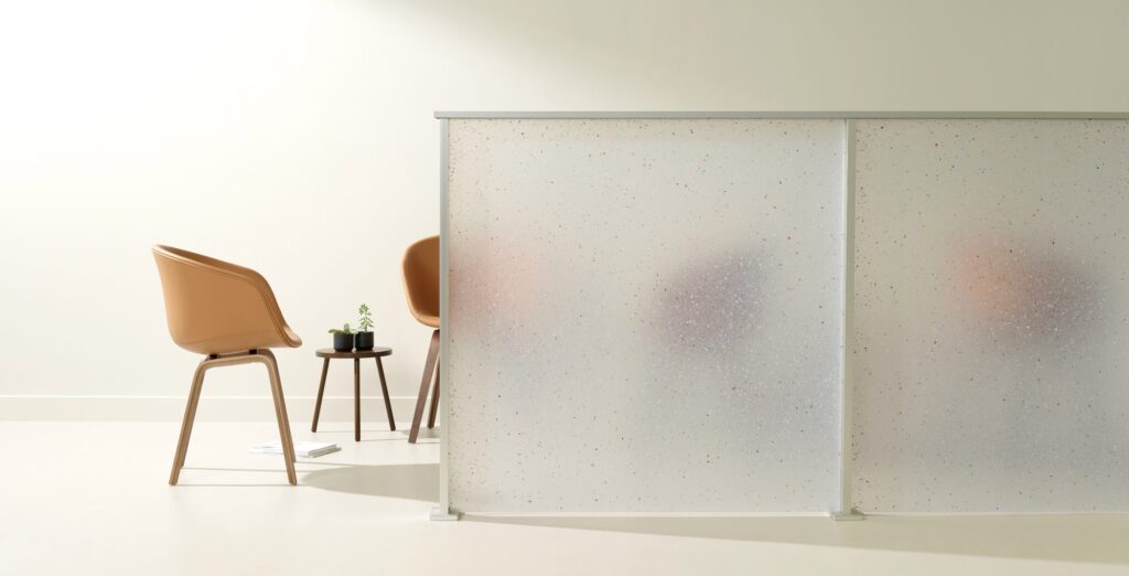 3form Flek Pure translucent white with color fleks and chairs