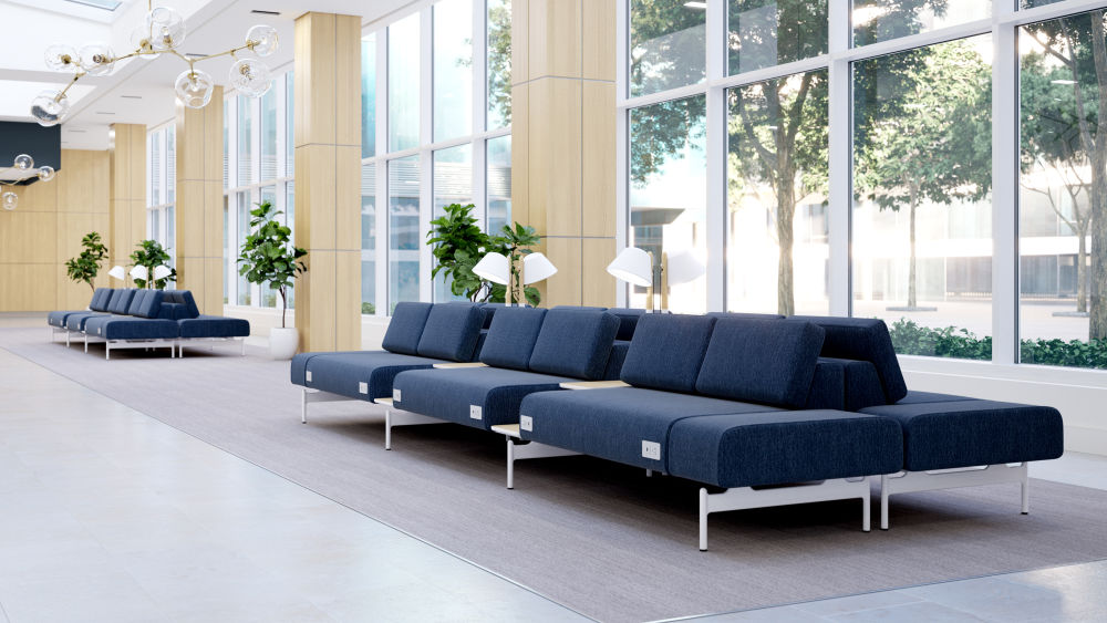 Embra two modular sofas in navy in patient seating area 