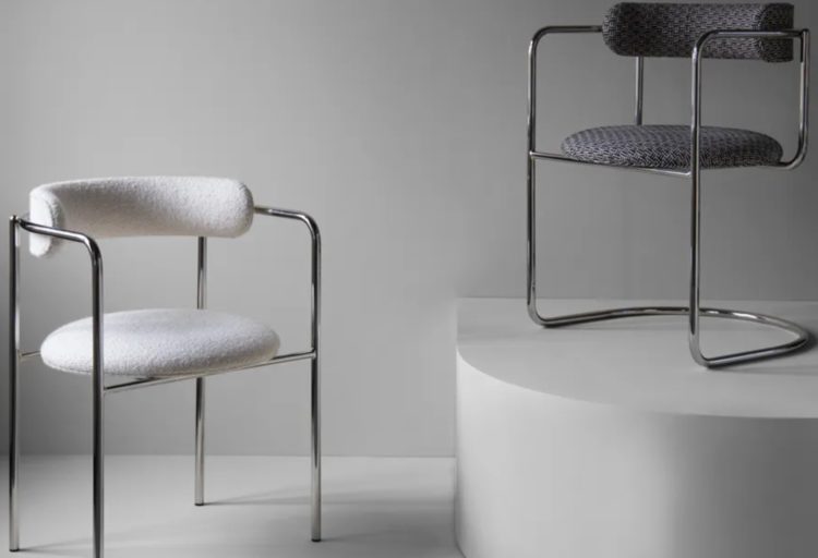 Friends & Founders FF Chair two chairs with tubular steel and upholstery one on a pedestal