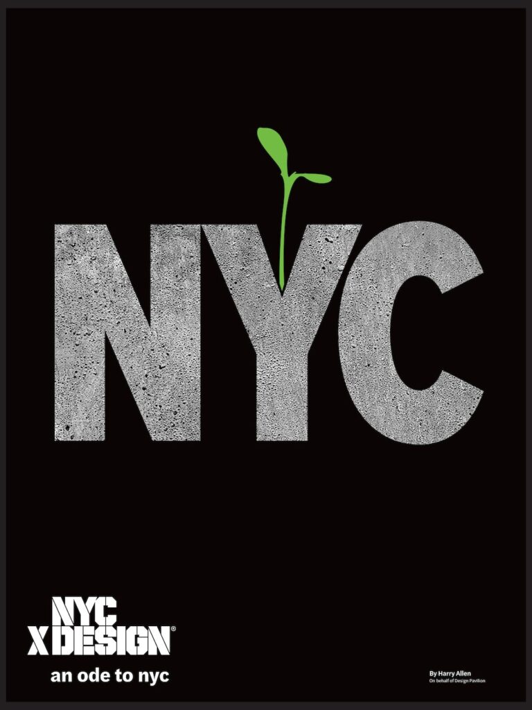 Ode to New York NYC poster by Harry Allen letters on black background with a flower growing as if emerging from concrete
