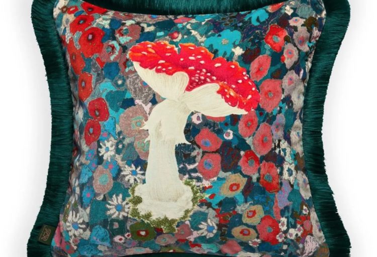 Woolkeepers House of Hackney cushion with red psychedilic mushroom and fantastic flowers